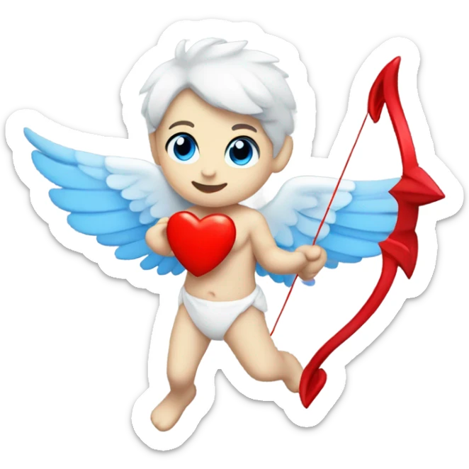 Realistic Photo of flying pale cupid with blue eyes and red heart arrow  sticker