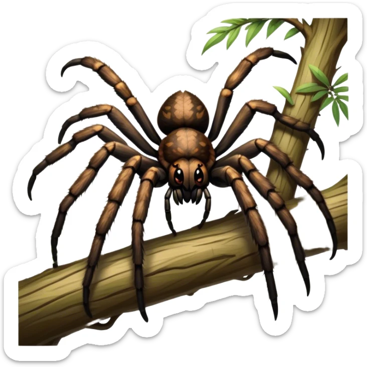 Giant tarantula spiders in their natural habitat, with detailed hairy legs and large bodies, perched on branches in a lush forest environment. Soft, natural lighting enhances their features. Transparent background. sticker