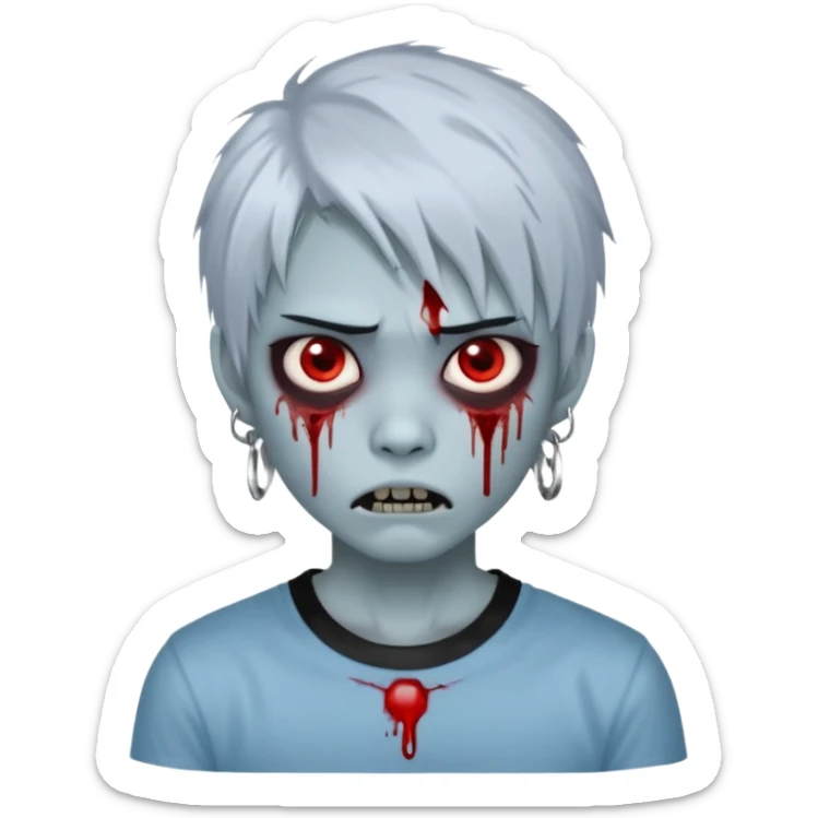  3D emoji-style avatar with very pale blue-grey zombie skin , a young Asian face, and large eyes with blood tears. Give it white litle bit messy mullet hair style , silver hoop earrings, and a plain black T-shirt. The face expression should be slightly angry, with vampire fang sticker