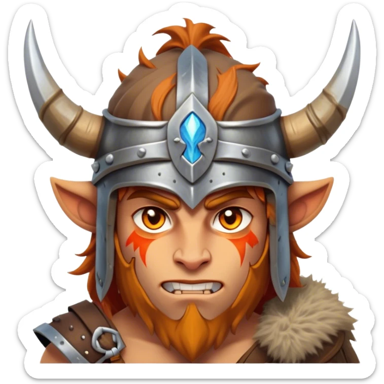 Clash of Clans aesthetic: Cinematic Fierce Barbarian Portrait Emoji, Poised and bold with a rugged yet cartoonish build in tattered furs and a horned helmet, his exposed skin a rich tan, expressive bright eyes and a confident smirk, Simplified yet dynamic features, highly detailed, glowing with a vivid, adventurous aura, high shine, heroic and spirited, stylized with an air of medieval warrior charm, focused and energetic, soft glowing outline, capturing the essence of a fearless barbarian adventurer ready to lead his clan with spirited valor! sticker
