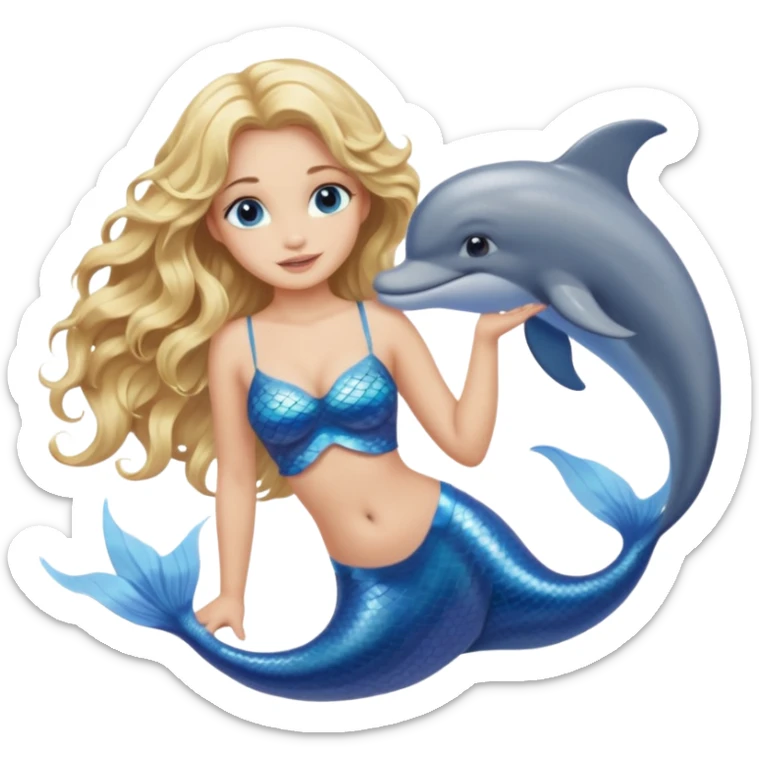 Adult mermaid with blonde wavy hair, light skin, with a dolphin sticker