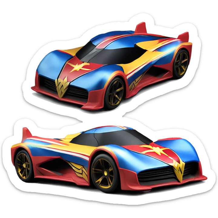 Side view of Wonder Woman’s matte finish Hypercar hot wheels rc car with large bright headlights at night sticker