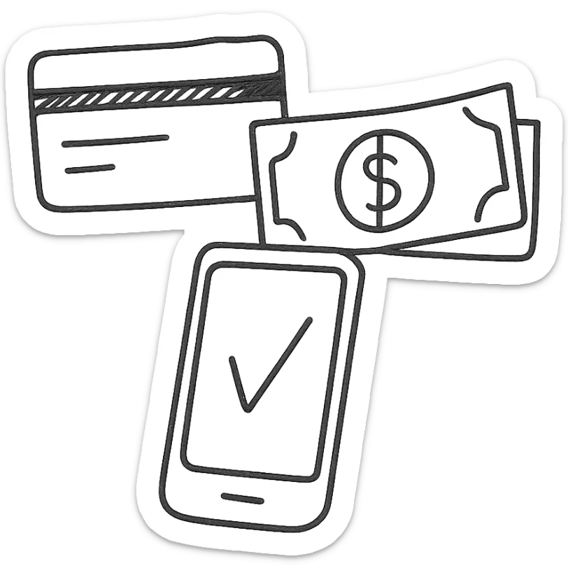 hand drawn outline icons of payment methods: credit card, cash, phone sticker
