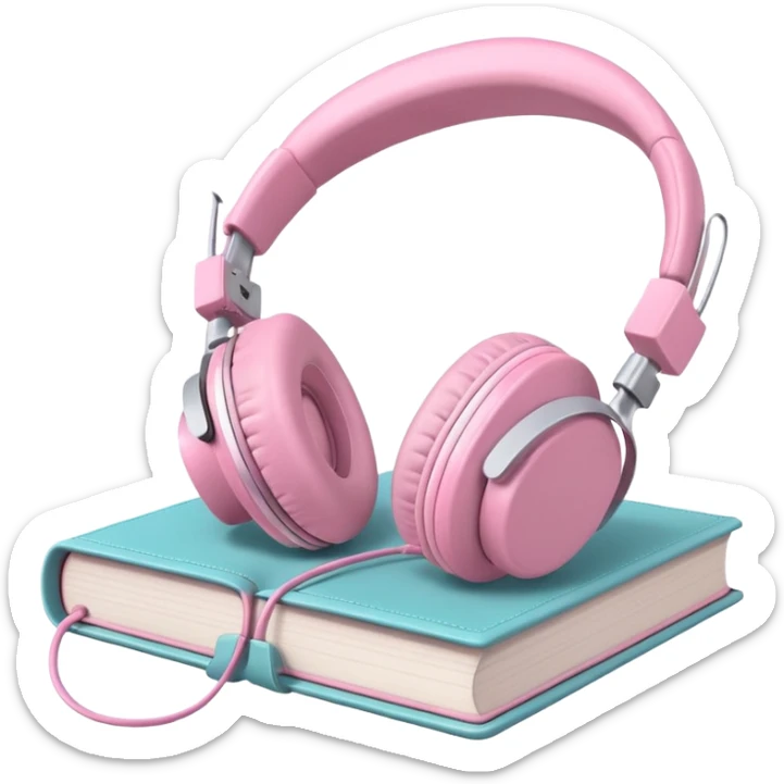  pink pair of modern headphones resting on top of a closed book, soft shadows, realistic style, calm and cozy mood, isolated on transparent background sticker