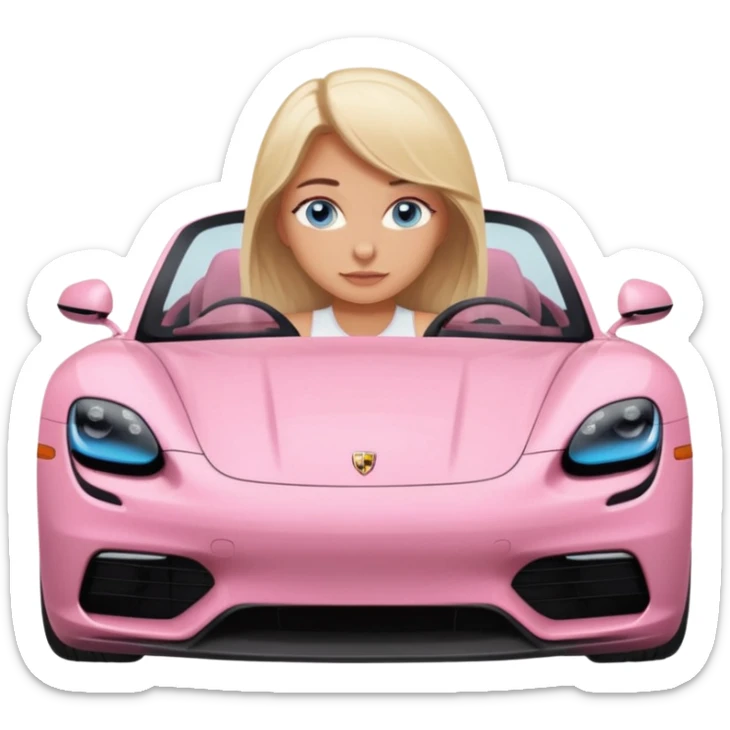 pink Porsche taycan with blonde girl, blue eyes, sitting in the car, front view point of view sticker