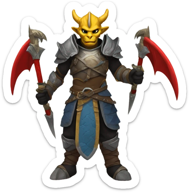     Tall Dragonborn fighter with twin swords  with red blades and yellow Handels and blue scales and black horns with red wings  sticker