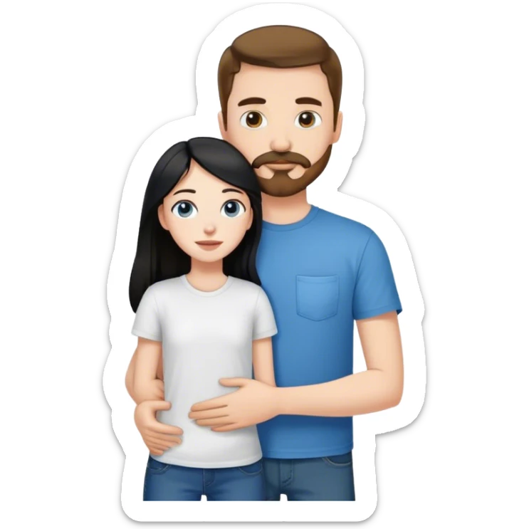tall white guy with brown hair goatee mustache wearing t-shirt and jeans hugging a shorter white girl with long black hair sticker