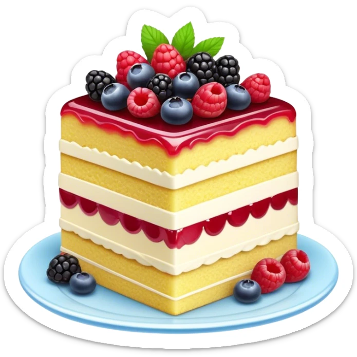 Cinematic luxurious slice of cake, delicate layers of moist sponge and rich frosting, beautifully decorated with fresh berries and a glossy glaze, soft glowing light, elegant and indulgent. sticker
