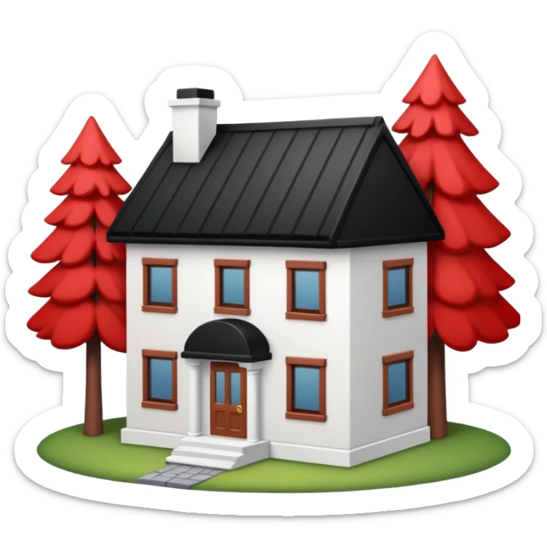 Dom z czarnym dachem i biała elewacja ze wstawkami z czerwonej cegły.Na drugim planie las. sticker