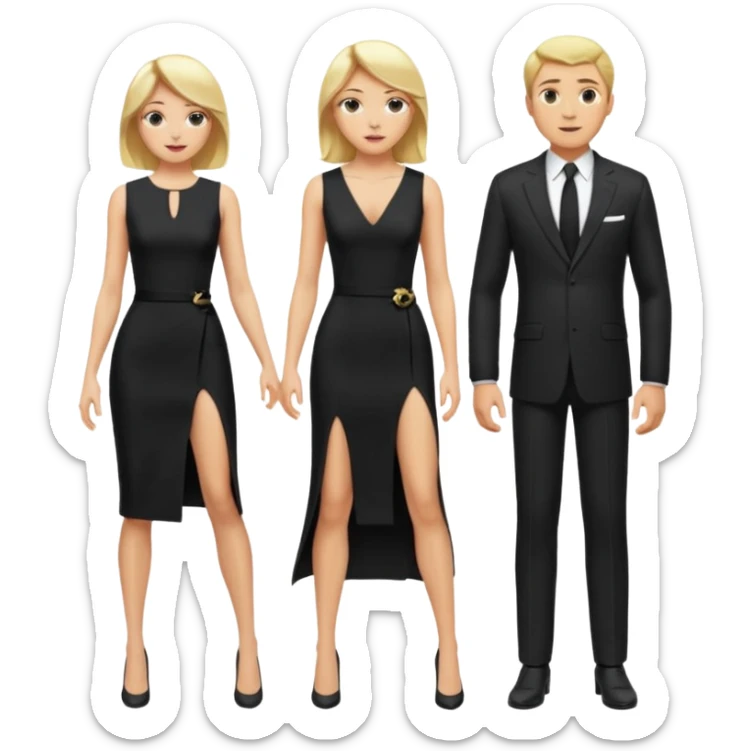 Blonde woman, black, Long, tight, sleveless Dress, Slot left Leg,man in suit, fly sticker