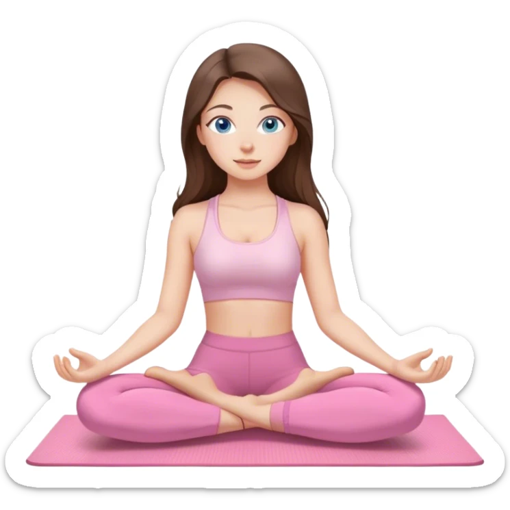 Brunette long hair and blue eyes yoga beautiful girl in light pink pink pink clothes sitting on a yoga mat sticker