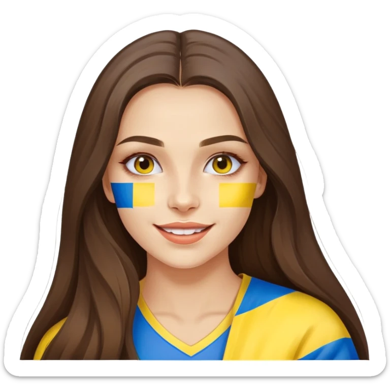 Brunette woman with long hair, Ukrainian flag (blue and yellow) painted on her cheek, happy expression sticker
