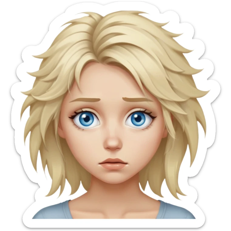 A sexy blue eyes Blonde depressed and sad girl emoji, messy hair and with eyebags, sad face against a grey background sticker