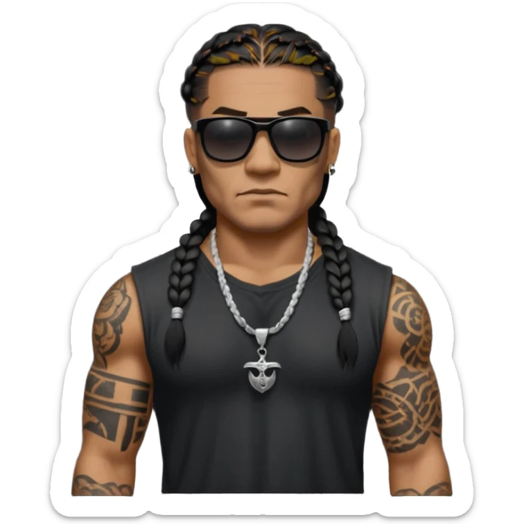 Samoan male. 
Untucked loose fitting black t-shirt. 
long black braided hair.
very muscular.
Even More tattoos. 
Tough and menacing.
Dark black square sunglasses. sticker