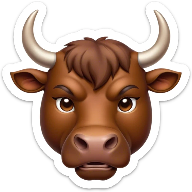Cinematic Noble Brown Bull Portrait Emoji, Poised and regal, with a massive, muscular build and a sleek, well-groomed rich brown hide, deep-set soulful dark eyes, Simplified yet sharp and sophisticated features, highly detailed, glowing with a soft, dignified glow, high shine, intelligent and formidable, stylized with an air of strength, focused and attentive, soft glowing outline, capturing the essence of a watchful and confident guardian, so majestic it feels as though it could charge out of the screen with effortless authority! sticker