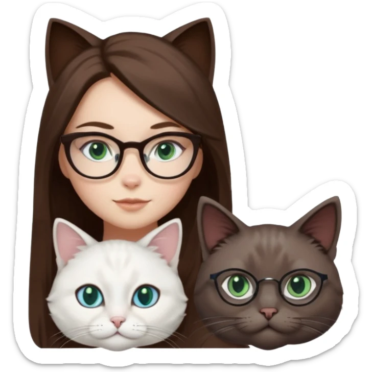 O fata cu parul saten lung ,ochii gri-albastrii ,ochelari și codițe de pisica ..și langa o pisicuță total  alba pufoasa ,cu ochii verzi și o a doua pisica siameza pufoasa cu capul maro inchis-negru și coada ,restul corpului un maro deschis spre alb  cu ochii albaștrii. sticker