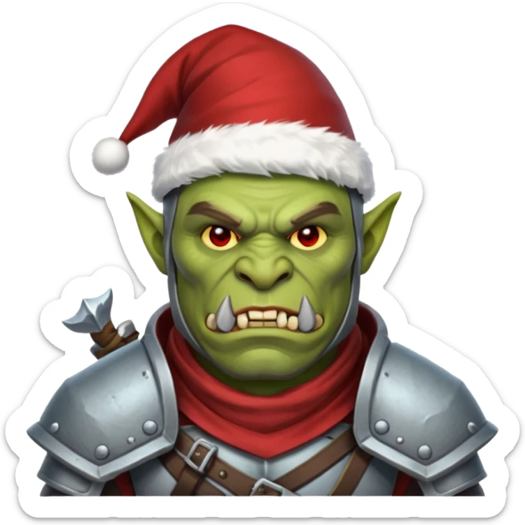 Fantasy Christmas orc legion soldier icon, iron tundra army theme, heavy winter armor, disciplined brutal look, cold steel color palette, emoji portrait, male/female variant
 sticker