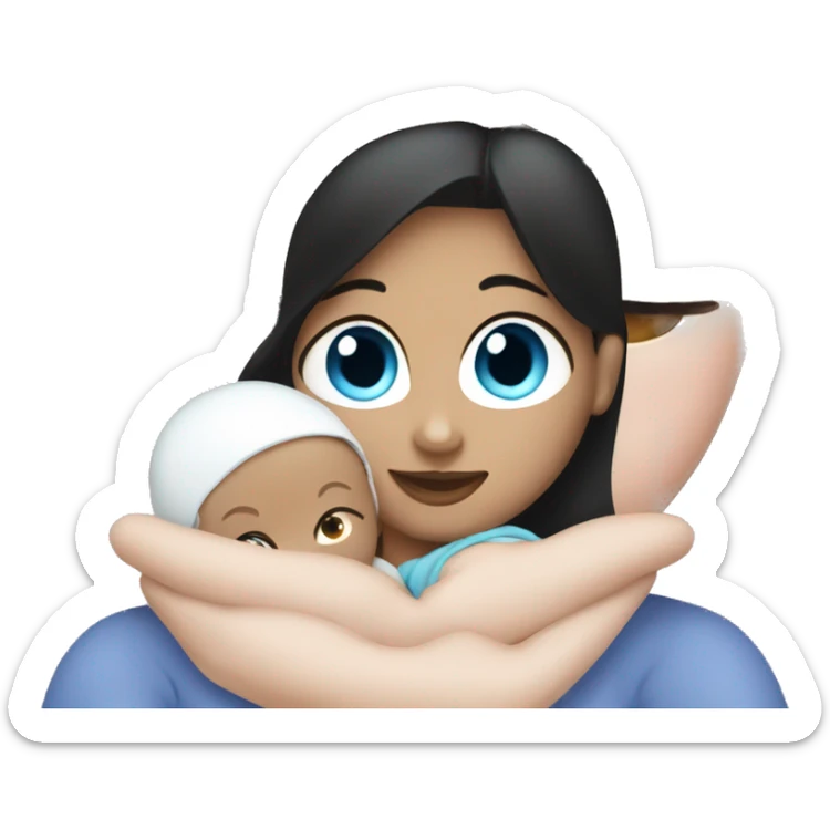 mom holding newborn baby girl with blue eyes white skin black hair sticker