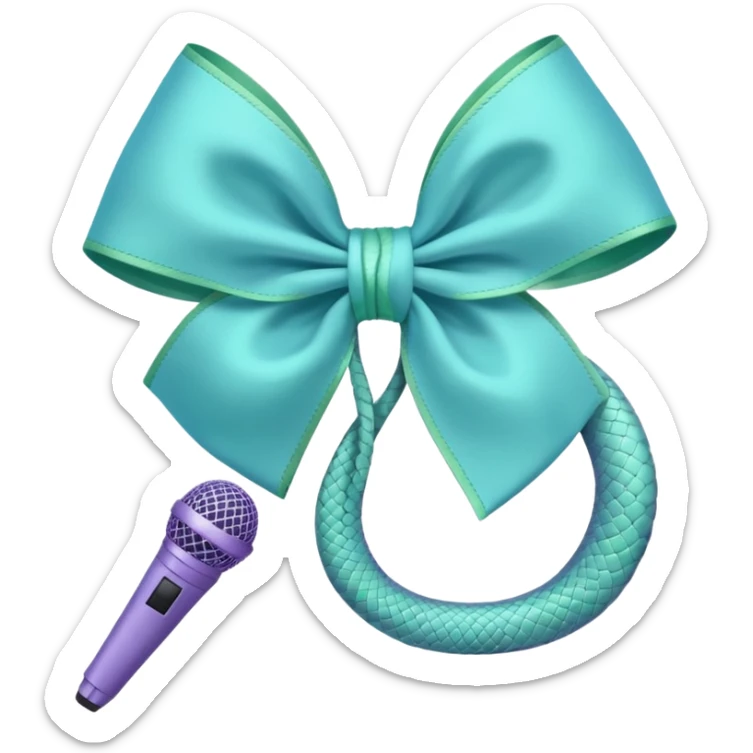 A pastel blue bow with a pastel a pastel green snake at the top of one side and a pastel purple microphone on the bottom of the other side of the bow sticker