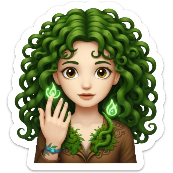 woman with long curly brown hair, brown eyes, white skin, tattoos, growing glowing moss from her fingertips like magic circuits sticker