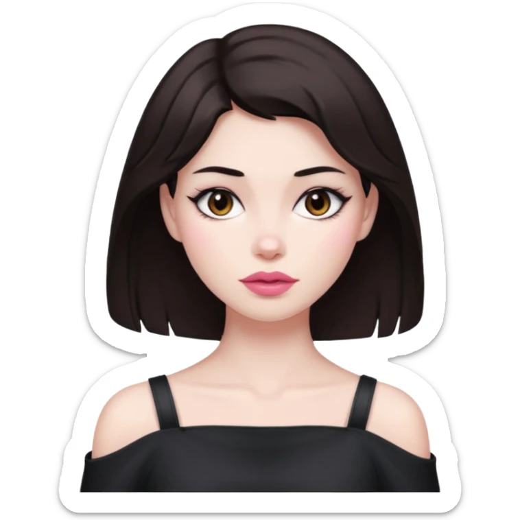 my hair is dark brown almost black, reaching my shoulder. the haircut is wolfcut, pretty lasher hut not thick. slightly pink lips. sticker