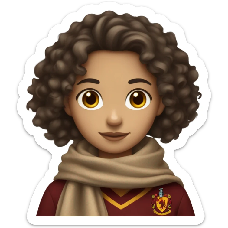 Curly-haired brunette girl with white skin, brown eyes and wearing a Gryffindor scarf sticker