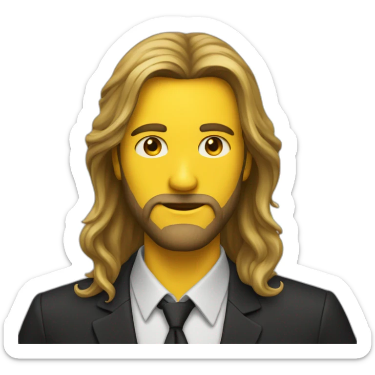 A man with long hair, a beard and a black shirt behind a yellow suit sticker
