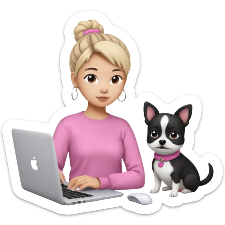Asian girl with messy bun hair, wearing a white t-shirt, working on an Apple laptop, next to her is a small black and white dog in pink sweater sticker