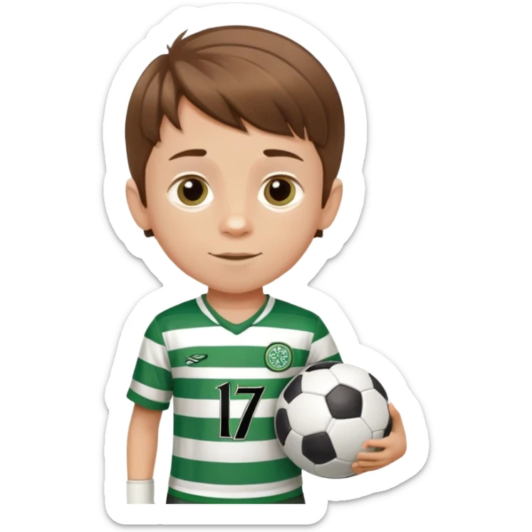 Celtic footballer jersey logo  6 years old brown hair white boy , stripes uniform , running with soccer ball # 17 sticker