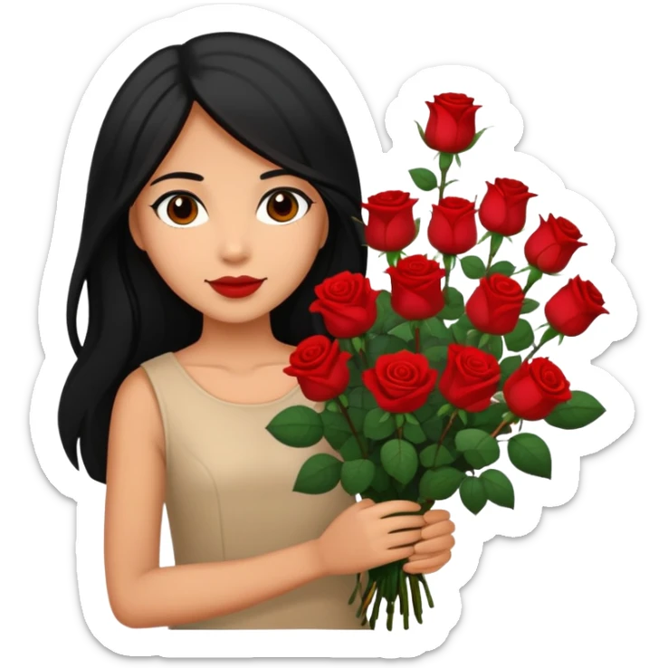 A girl with long black hair holding a bouquet of roses sticker