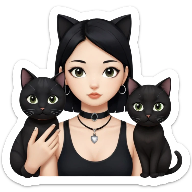 Asian girl, black hair.  Holding two BLACK cats with one cat has a round fat face. Both pure black.  The girl also wearing a black singlet, a black chocker, silver round hook earring, and wearing eyeliner.  sticker