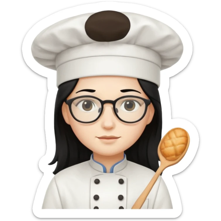 Profesora de pastelería, piel blanca con gafas y pelo negro largo sticker