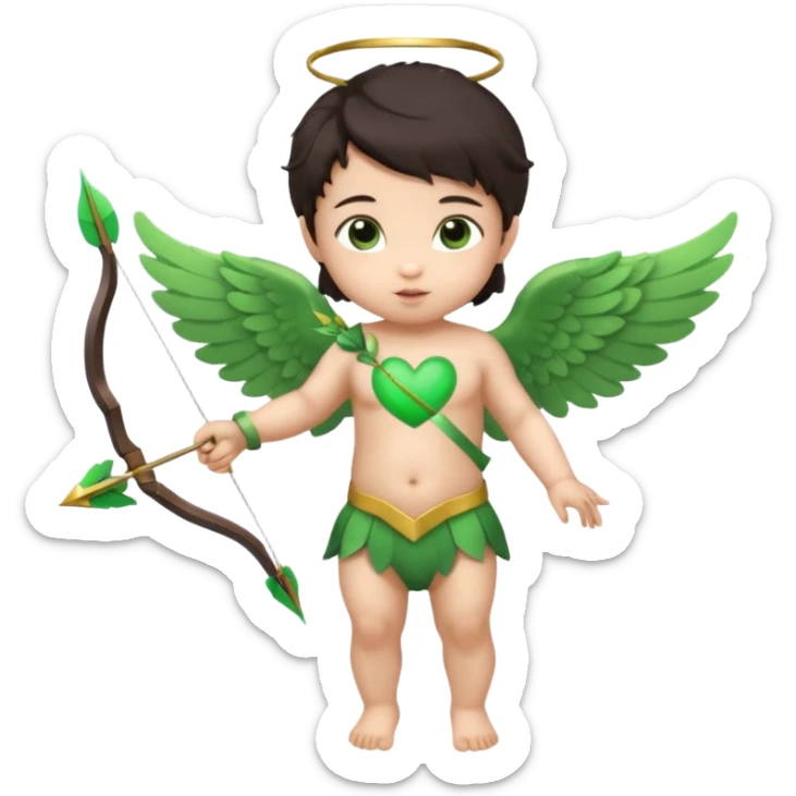 cupid asian baby flying full body with wings with brown eyes and dark hair handled bow and arrow directed to green heart and looking to heart sticker