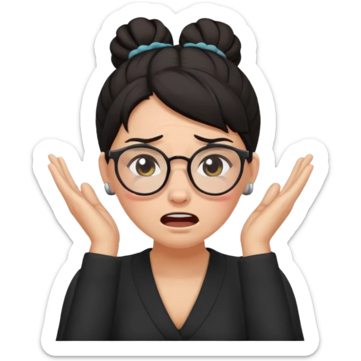 dark haired woma with hair a high bun, wearing glasses covering ears and crying sticker