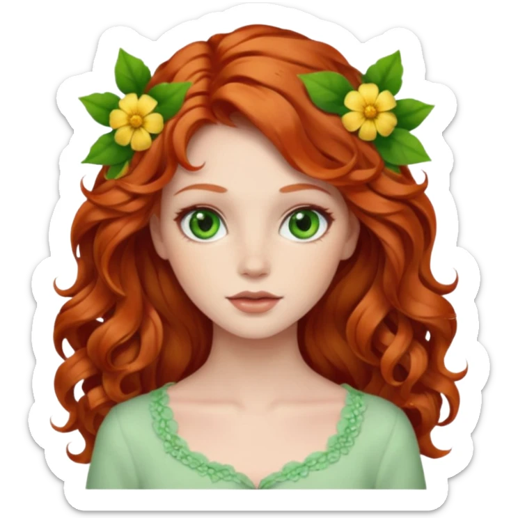 Natural redhead model, green eyes, wavy hair, flowers in hair sticker