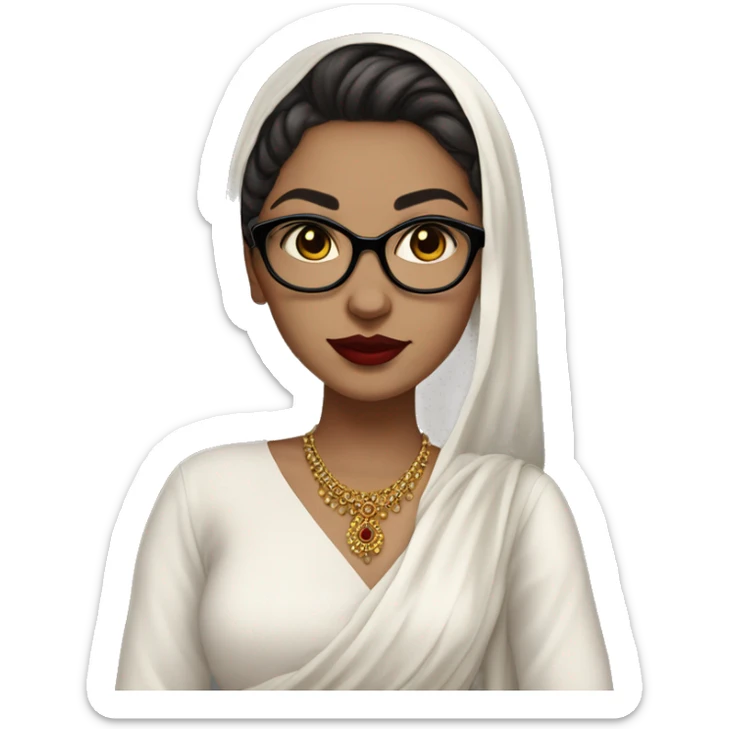 White girl in a salwar kameez, glasses, piercing, red lips, nose ring, full body, teen, short hair black sticker