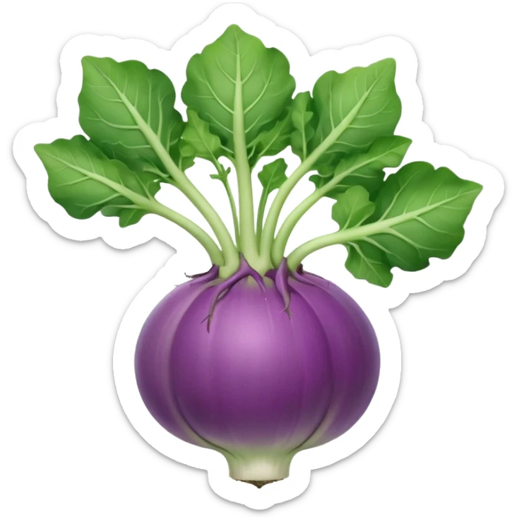 kohlrabi bulb, whole, round and slightly flattened, smooth skin in pale green to light purple, short leafy stems on top, firm with faint lines and bumps, soft lighting, emoji scale sticker