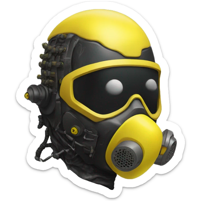 black metal cyborg head with yellow Mohawk and yellow respirator mask sticker