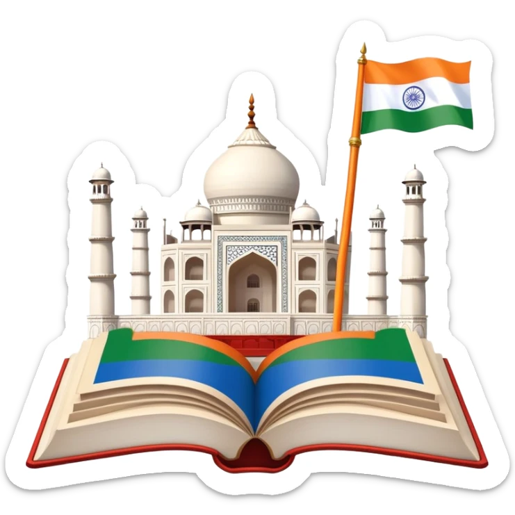 An icon featuring the Taj Mahal and the flag of India, symbolizing the Hindi language. The design includes an open book with Hindi script and a traditional Indian flute, representing language learning and cultural richness. Transparent background highlights the heritage of India. sticker
