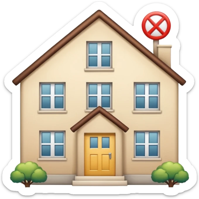 crossed-out dormitory icon next to job, house, and school symbols, clean and optimistic sticker