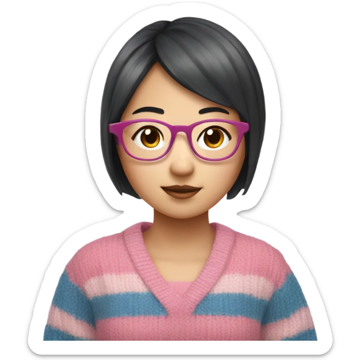 A Short hair asian girl with blue pink stripe knit with glasses on is studying sticker