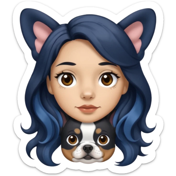 woman with olive skin, brown eyes and long lashes, and long black wavy hair with blue and white Merle frenchie sticker