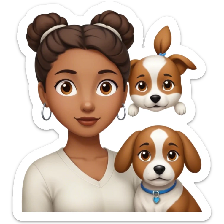 smart, 30 year old, brown girl, back bun hairstyle, with a big white brown dog sticker