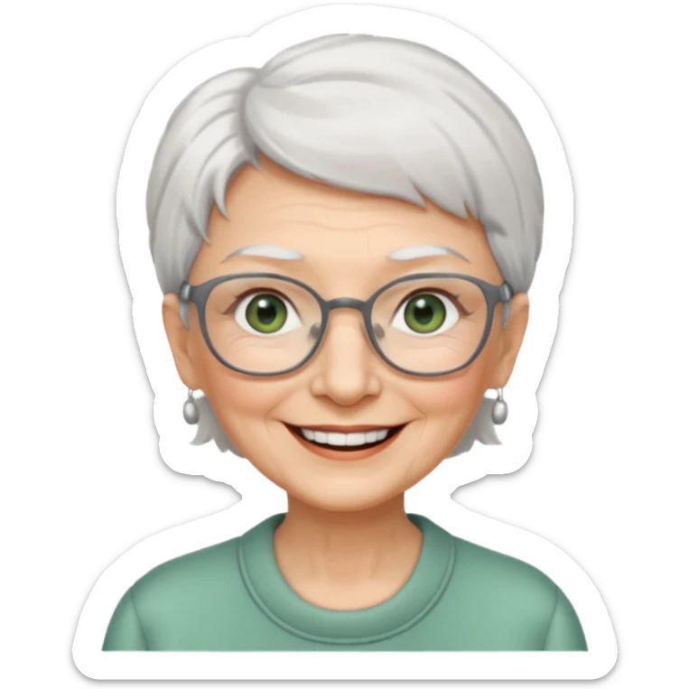 Create me emoji of an old lady. Short white hair to left side. Square glasses. Gray-green eyes. Big smile. sticker