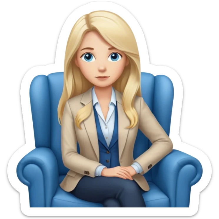 “A young female psychologist with long blonde hair and blue eyes, sitting in a cozy armchair. She is wearing a professional blazer and has a calm, attentive expression. A warm floor lamp stands beside her, casting a soft light, creating a comfortable and inviting atmosphere. sticker