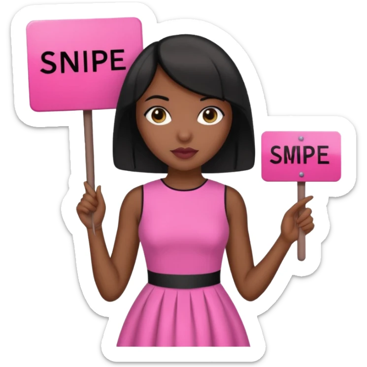 Dark skin woman with black bob in hair holding sign that says snipe  wearing pink dress  pink sign  sticker