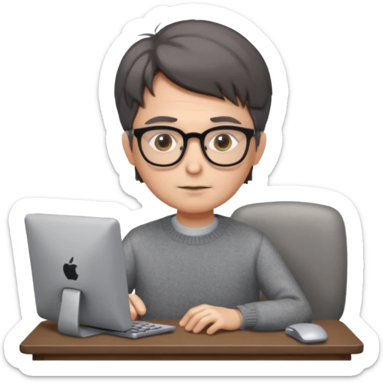 Profesor de pelo gris marrón oscuro con gafas un  jersey gris y un ordenador los óleos son marrones con poca cantidad de pelo sticker