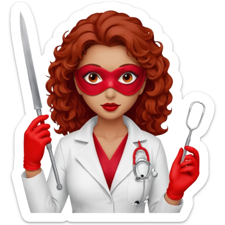 


Scary woman scalpel in hand, evil surgeon sexy surgeon clothes.  She has redcolored  eyes. Her  hair only is free ne brown long curly hair. Wears sexy doctor outfit with red gloves. make her wear red ski mask and nose mask  to hide. Wears white surgeon coat, wears  stilettos sticker