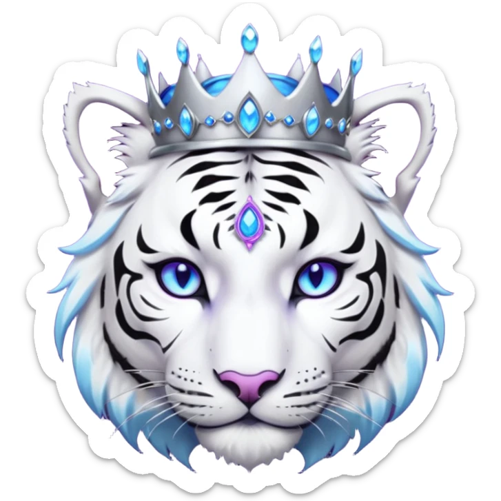 ESO Female white/black tiger khajiit leader of the umbral rose, glowing blue eyes, glowing blue 'third eye' gem; silver crown/tiara with purple gems sticker