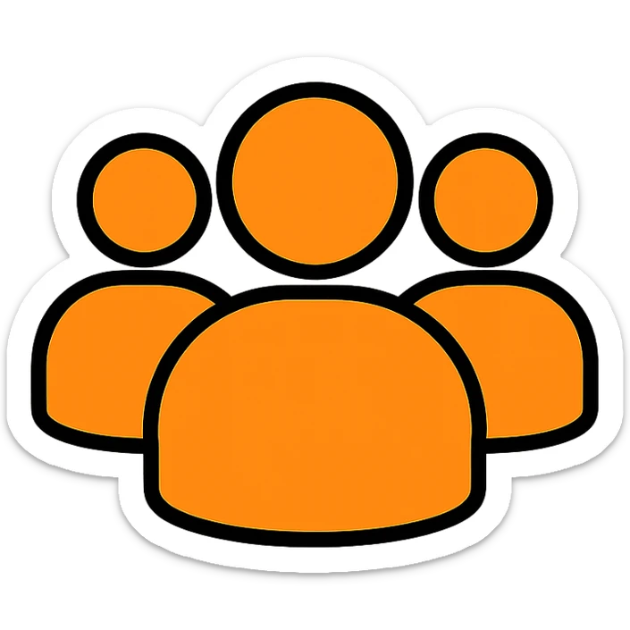 simple icon of a silhouette representing followers: group of stylized people, no facial details, orange color #fe6601, transparent background sticker